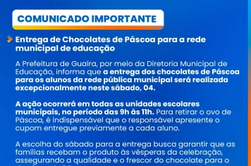 Nota Oficial: Entrega de Chocolates de Páscoa para a rede municipal de educação
