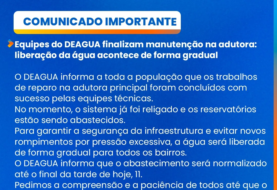 Equipes do DEAGUA finalizam manutenção na adutora: liberação da água acontece de forma gradual