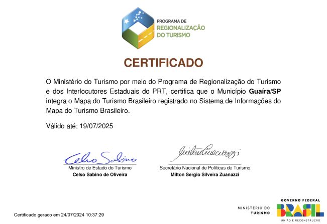 Guaíra Conquista Certificação no Mapa do Turismo Brasileiro