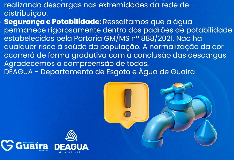 DEAGUA informa sobre alteração pontual na coloração da água e garante potabilidade