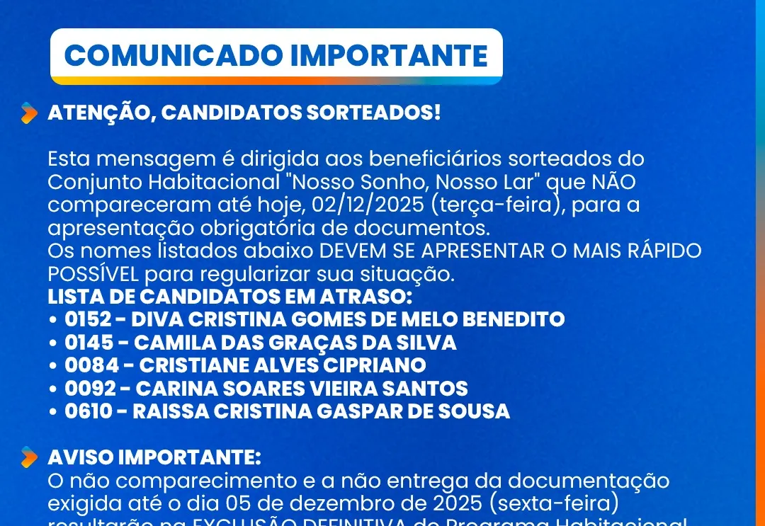 ATENÇÃO, CANDIDATOS SORTEADOS!