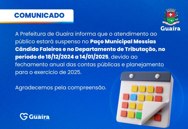 Prefeitura de Guaíra suspende atendimento ao público para fechamento das contas de 2024